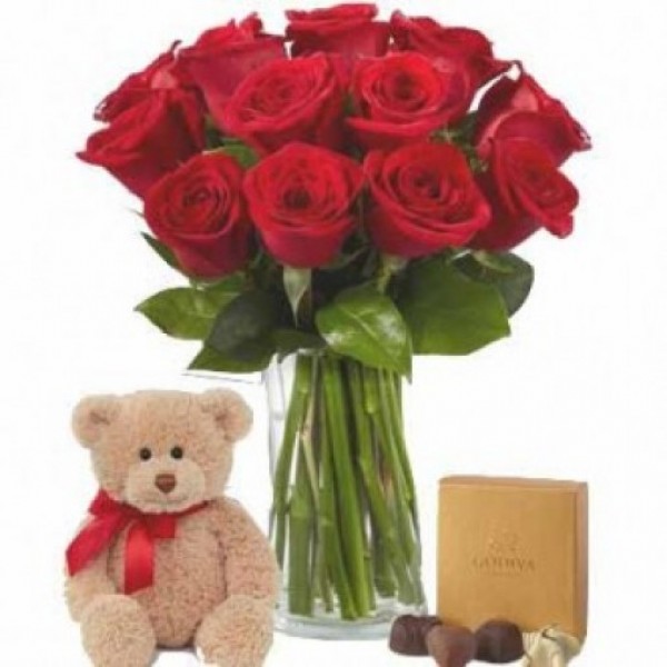 10 Red Roses with 6 Inches Teddy and Pack of Chocolates